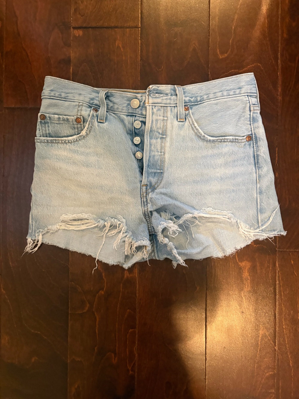 Levi's Light Wash Button-Front Distressed Denim Shorts